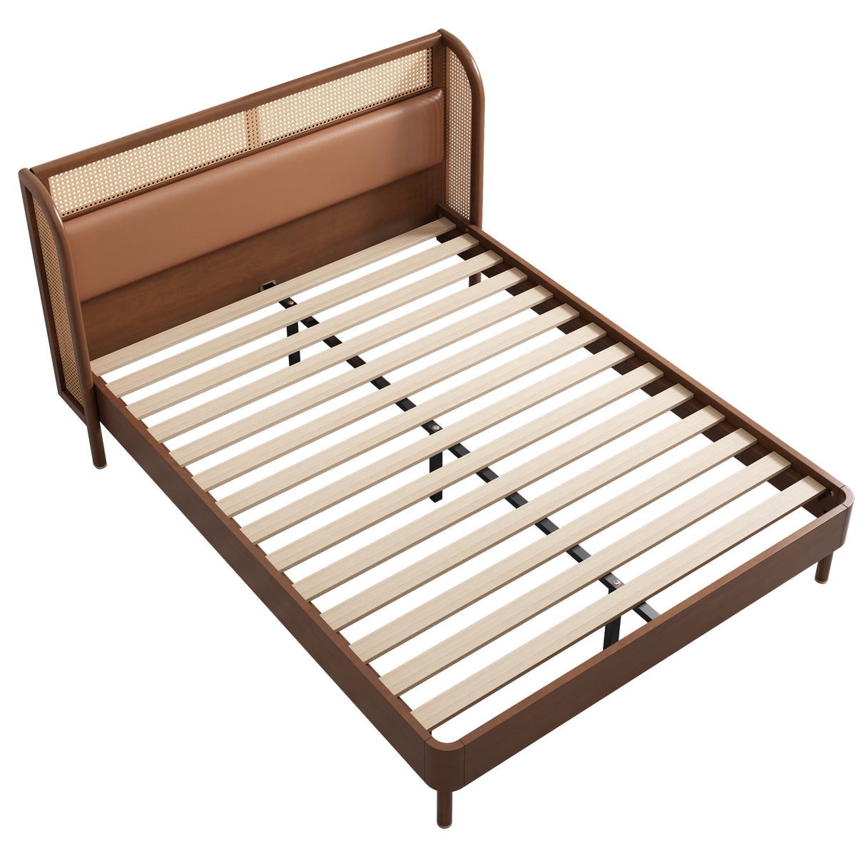 Modern Cannage Rattan Wood Platform Queen Bed Walnut