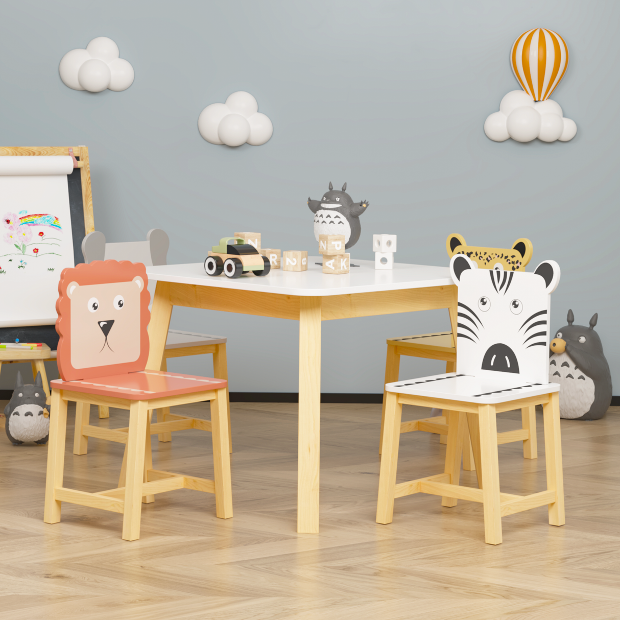 5 Piece Kiddy Table and Chair Set  Kids Wood Table with 4 Chairs Set Cartoon Animals (bigger table) (3-8 years old) - V.I.P Digital Presence
