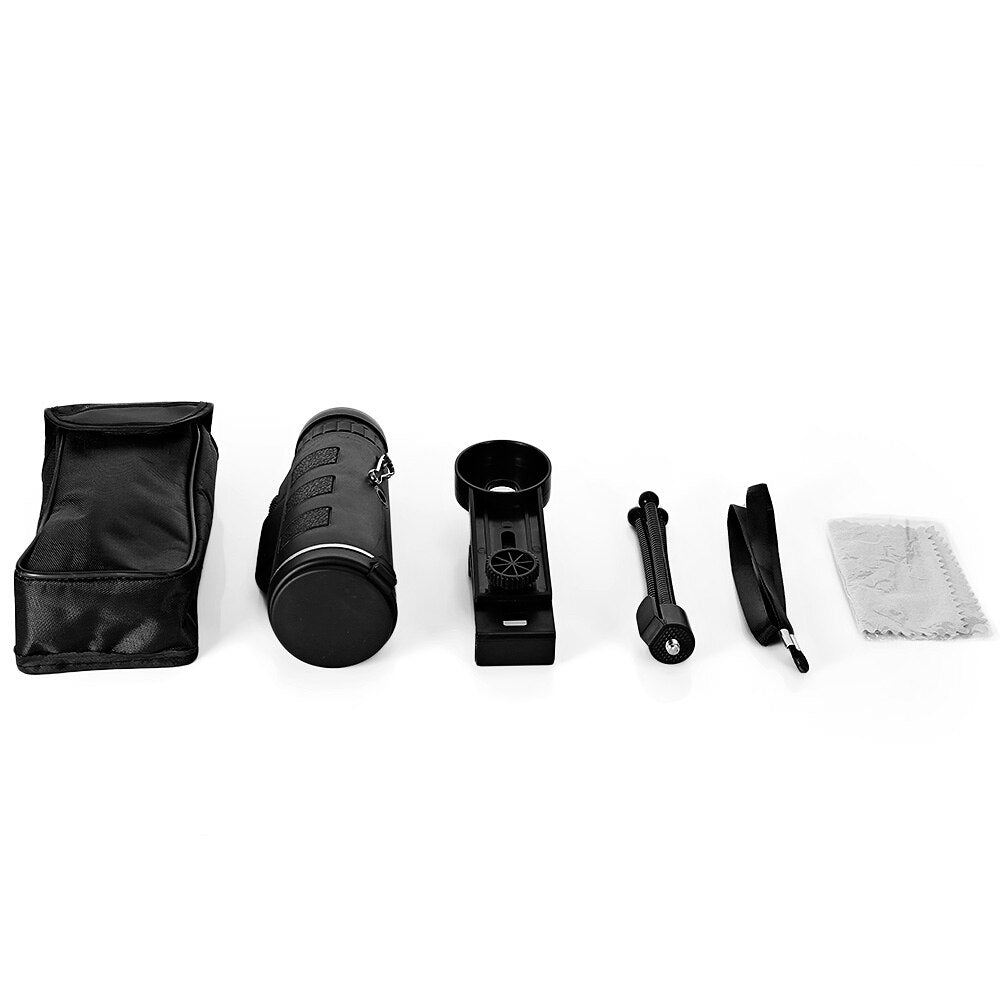 Telescopio monocular 40x60 con zoom y brújula, trípode con clip para teléfono móvil y cámara.