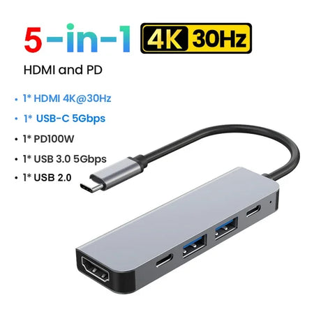 5-in-1 Type-C to HDMI Adapter USB C HUB 4K30Hz PD100W Docking Station USB-C 3.1 Splitter for MacBook iPad Pro Huawei USB 3.0 HUB - V.I.P Digital Presence