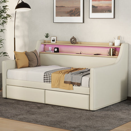 Twin Size Daybed with Storage Drawers, Upholstered Daybed with Charging Station and LED Lights, Beige - V.I.P Digital Presence
