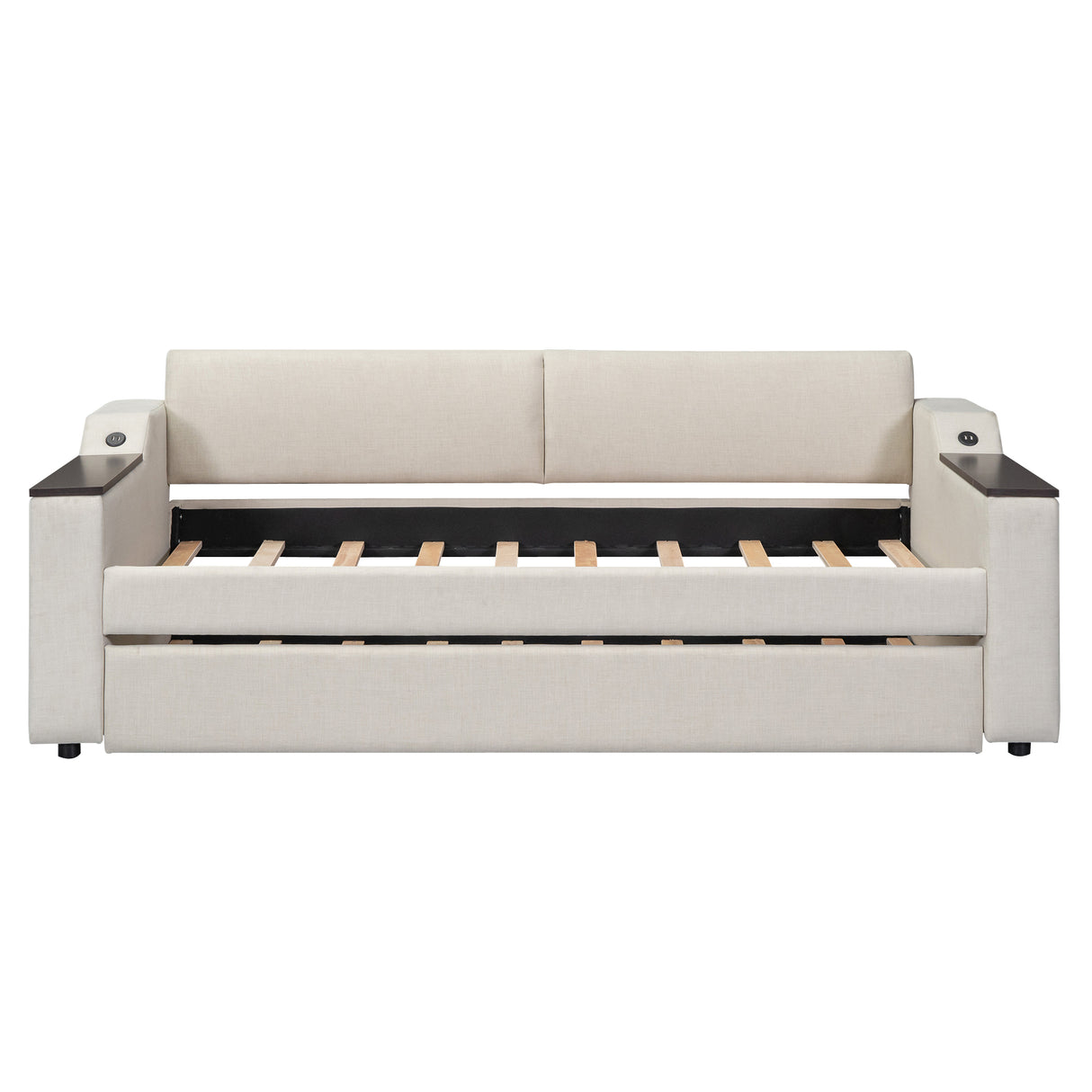 Twin Size Upholstery Daybed with Storage Arms  Trundle and USB Design Beige