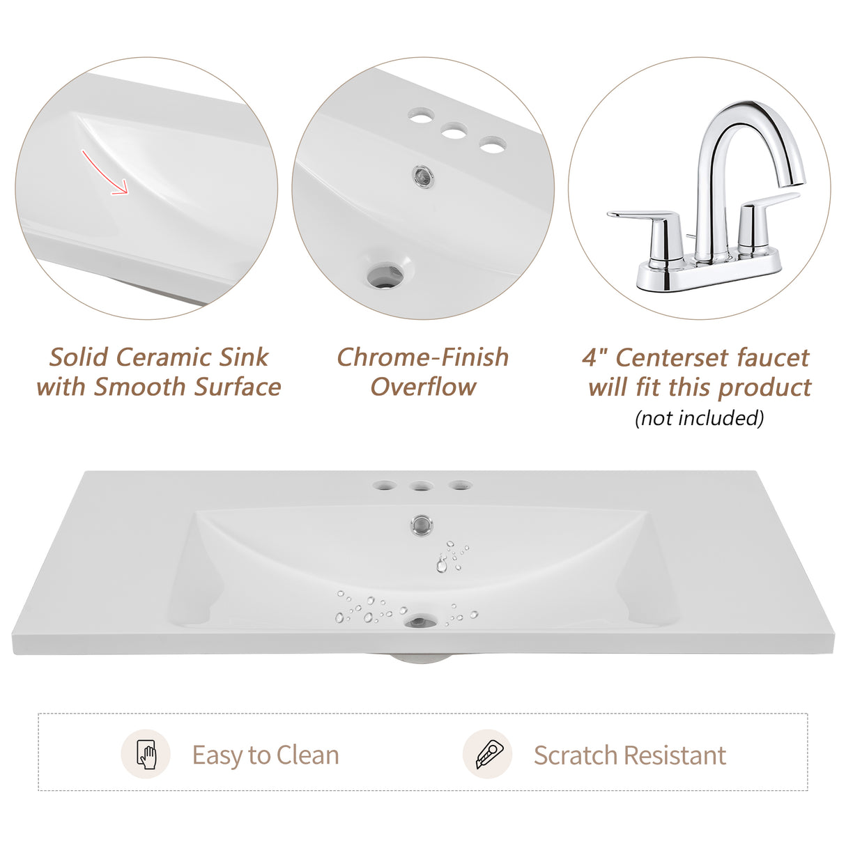 36" Single Bathroom Vanity Top with White Basin  3-Faucet Holes Ceramic  White - V.I.P Digital Presence