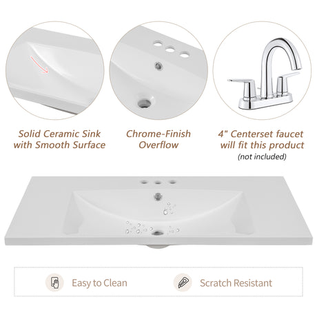 36" Single Bathroom Vanity Top with White Basin  3-Faucet Holes Ceramic  White - V.I.P Digital Presence
