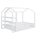 Full Size Wood House Bed with Fence and Detachable Storage Shelves, White