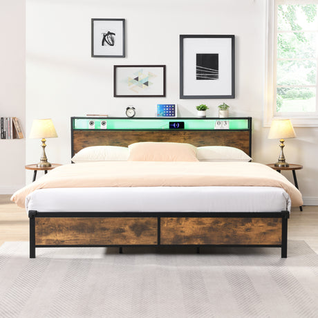 Industrial extra large bed frame with LED lights and 2 USB ports, extra large bed frame with storage space, rural brown color - V.I.P Digital Presence