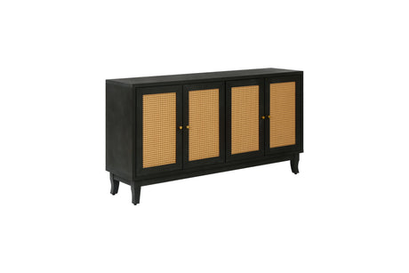 Handcrafted Premium Grain Panels Rattan Sideboard Buffer Cabinet Accent Storage Cabinet With 4 Rattan Doors BLACK - V.I.P Digital Presence