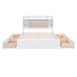 Wood Queen Size Platform Bed with Storage Headboard  Shelves and 4 Drawers  White