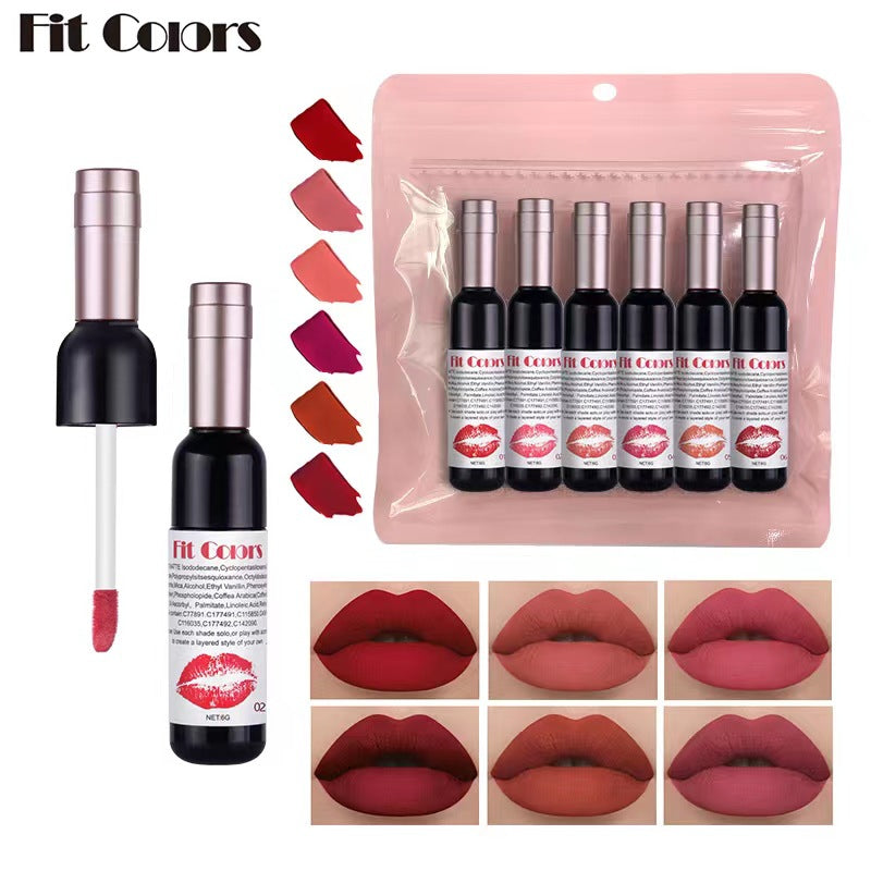 Fit Colors Red Wine Bottle Non Stick Cup Matte Lip Gloss Fog Face Velvet Lip Gloss Liquid Lipstick 6 Pcs Set - V.I.P Digital Presence