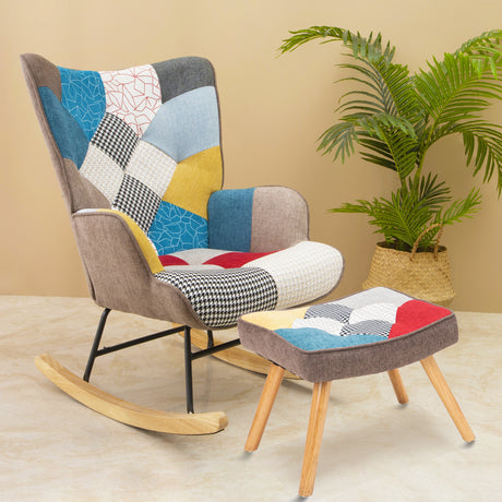 Rocking Chair with ottoman, Mid Century Fabric Rocker Chair with Wood Legs and Patchwork Linen for Livingroom Bedroom - V.I.P Digital Presence