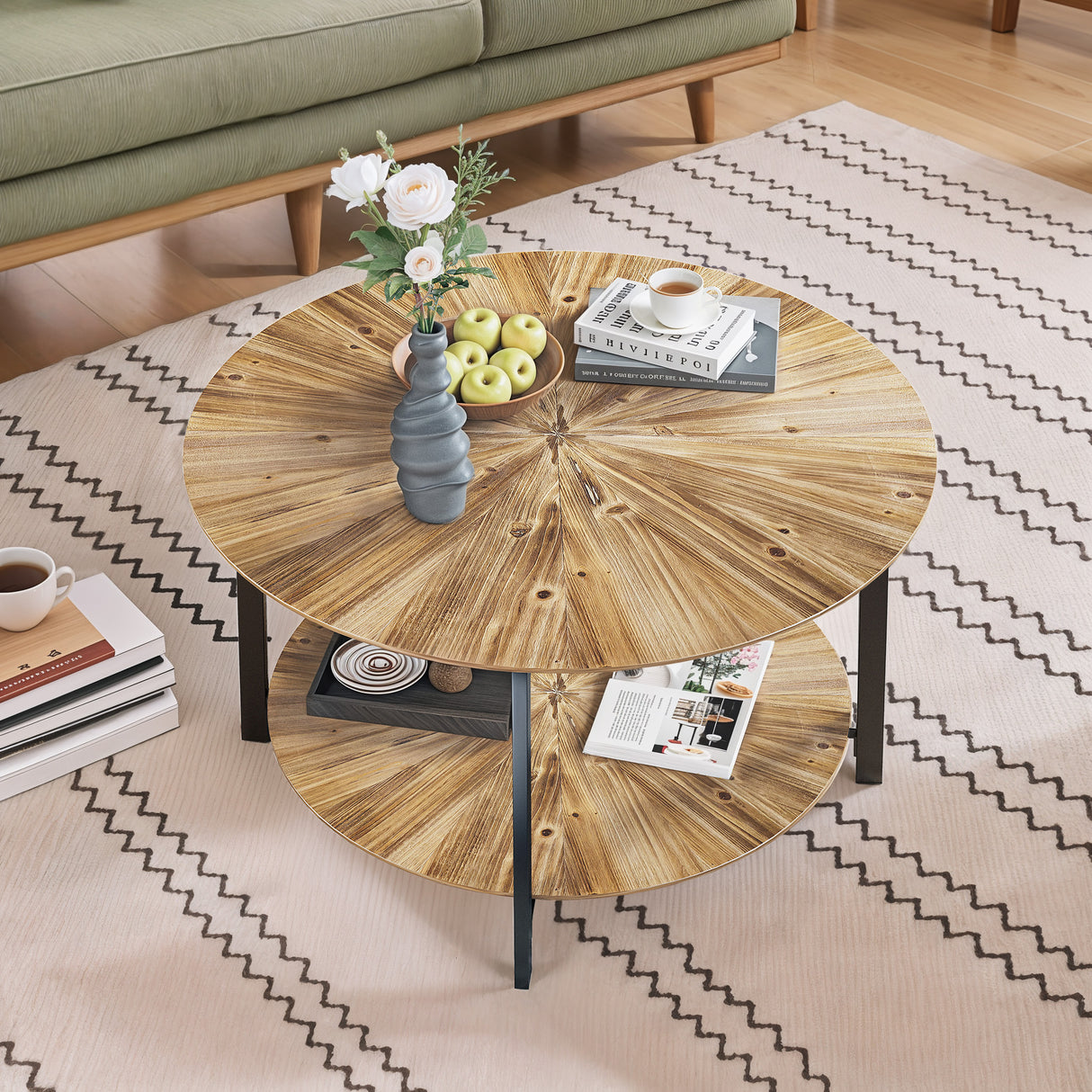 31.5 "Round Coffee Table Stand Wooden Double Layer Coffee Table with Open Storage Space and Metal Table Legs