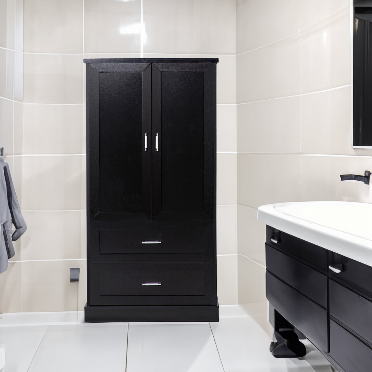 Tall Bathroom Storage Cabinet, Cabinet with Two Doors and Drawers, Adjustable Shelf, MDF Board, Black - V.I.P Digital Presence