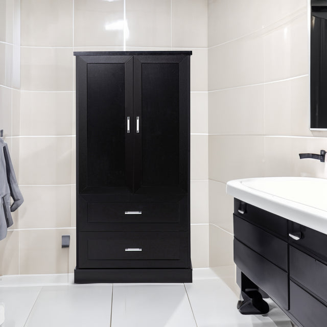 Tall Bathroom Storage Cabinet, Cabinet with Two Doors and Drawers, Adjustable Shelf, MDF Board, Black - V.I.P Digital Presence