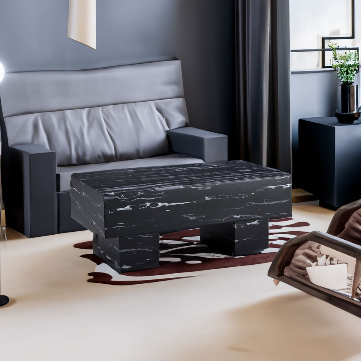 The black coffee table has patterns Modern rectangular table suitable for living rooms and apartments  43.3"*21.6"*17.2"