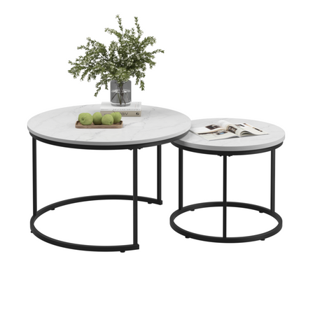 A set of nested 27.6-inch circular coffee tables with a wooden marble patterned tabletop and a sturdy metal frame (white) - V.I.P Digital Presence