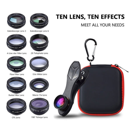 APEXEL Phone lens kit universal 10 in 1 Fisheye Wide Angle macro Lens CPL Filter Kaleidoscope+2X telescope Lens for smartphone - V.I.P Digital Presence