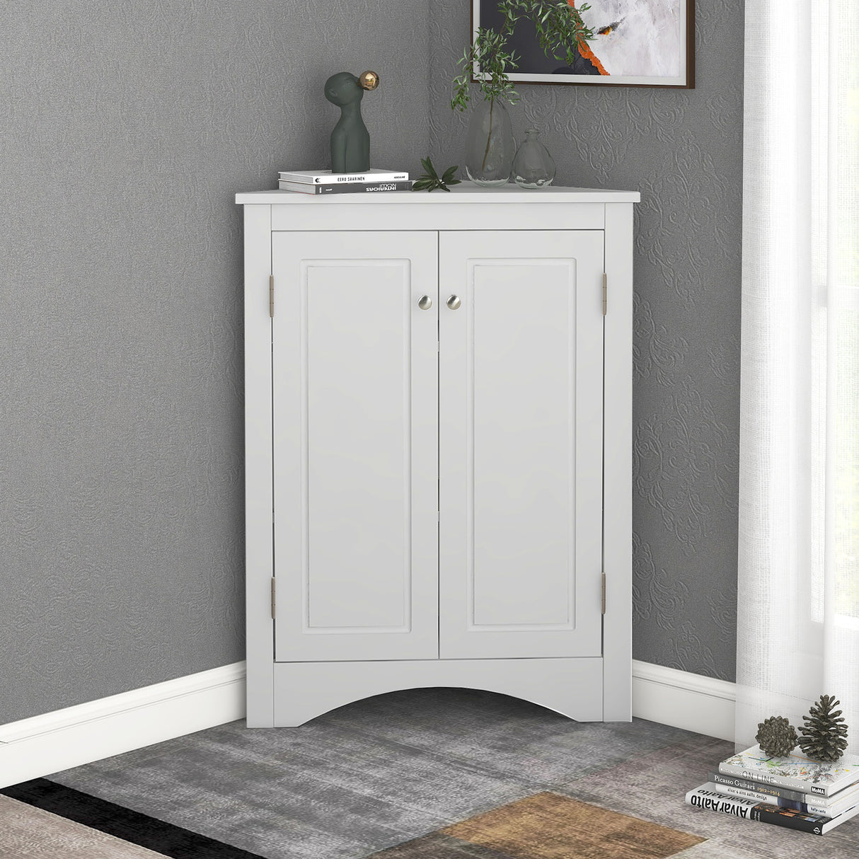 White Triangle Bathroom Storage Cabinet with Adjustable Shelves, Freestanding Floor Cabinet for Home Kitchen - V.I.P Digital Presence