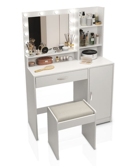 Large drawer with mirror and light, three-layer storage vanity, adjustable brightness for 3 lighting modes (white with stool) - V.I.P Digital Presence