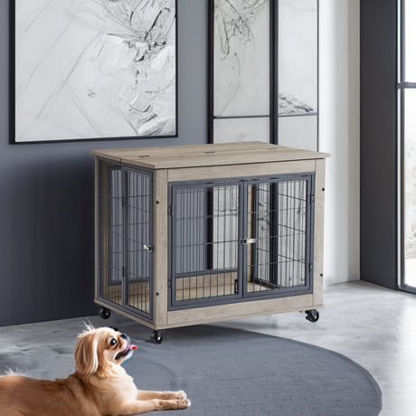 Furniture Dog Cage Crate with Double Doors on Casters. Grey, 31.50'' W x 22.05'' D x 24.8'' H. - V.I.P Digital Presence
