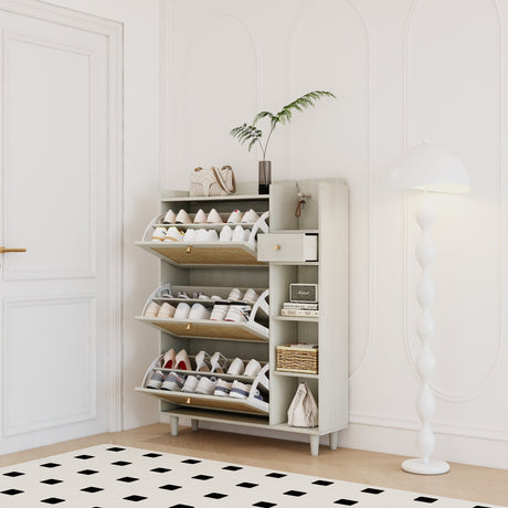 Natural Bohemian style shoe cabinet with 3 rattan flip drawers, 3 square shelves, and 1 storage drawer, white - V.I.P Digital Presence
