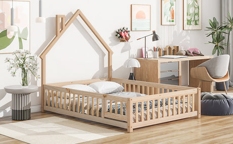 Full House-Shaped Headboard Floor Bed with Fence Natural - V.I.P Digital Presence