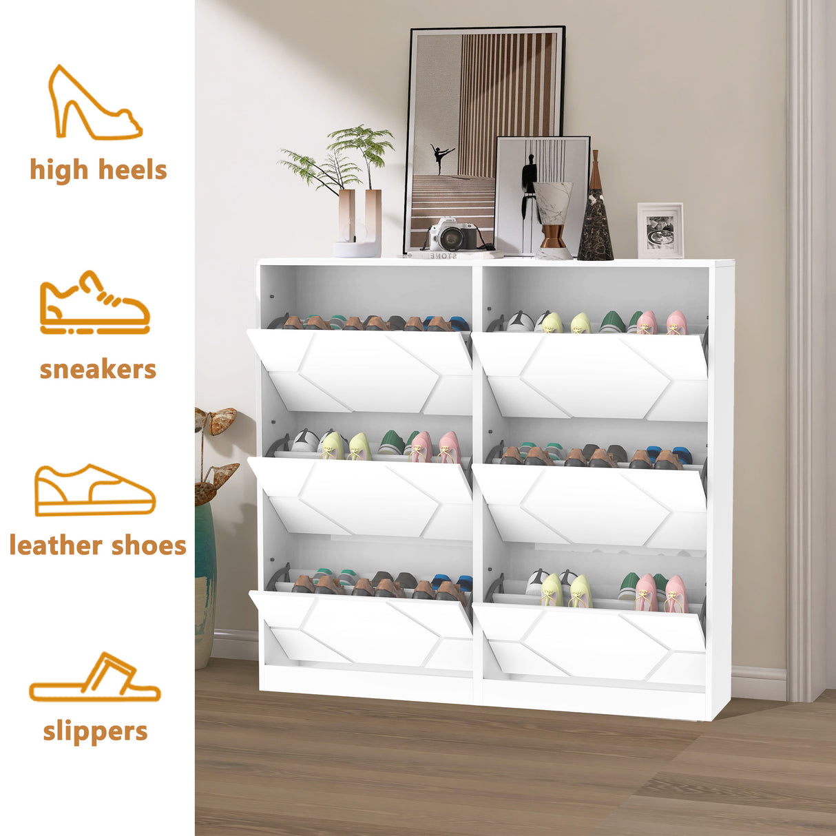 Shoe Storage Cabinet for Entryway, 6 Tiers Shoe Organizer with Carved Panels Vertical Shoe Cabinet for Front Door Entrance - V.I.P Digital Presence