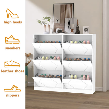 Shoe Storage Cabinet for Entryway, 6 Tiers Shoe Organizer with Carved Panels Vertical Shoe Cabinet for Front Door Entrance - V.I.P Digital Presence