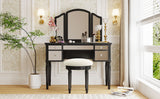 GO 43" Dressing Table Set with Mirrored Drawers and Stool, Tri-fold Mirror, Makeup Vanity Set for Bedroom, Black - V.I.P Digital Presence