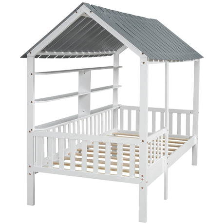 Wood Twin Size House Bed with Roof, Guardrail and Shelves, White - V.I.P Digital Presence