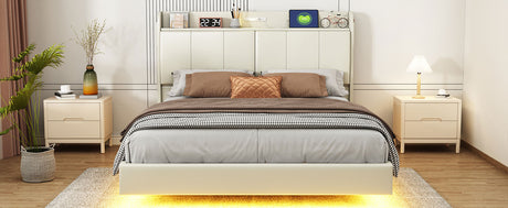 Large floating bed frame with storage headboard, touch sensor, night light and USB charger, padded platform bed, beige color - V.I.P Digital Presence