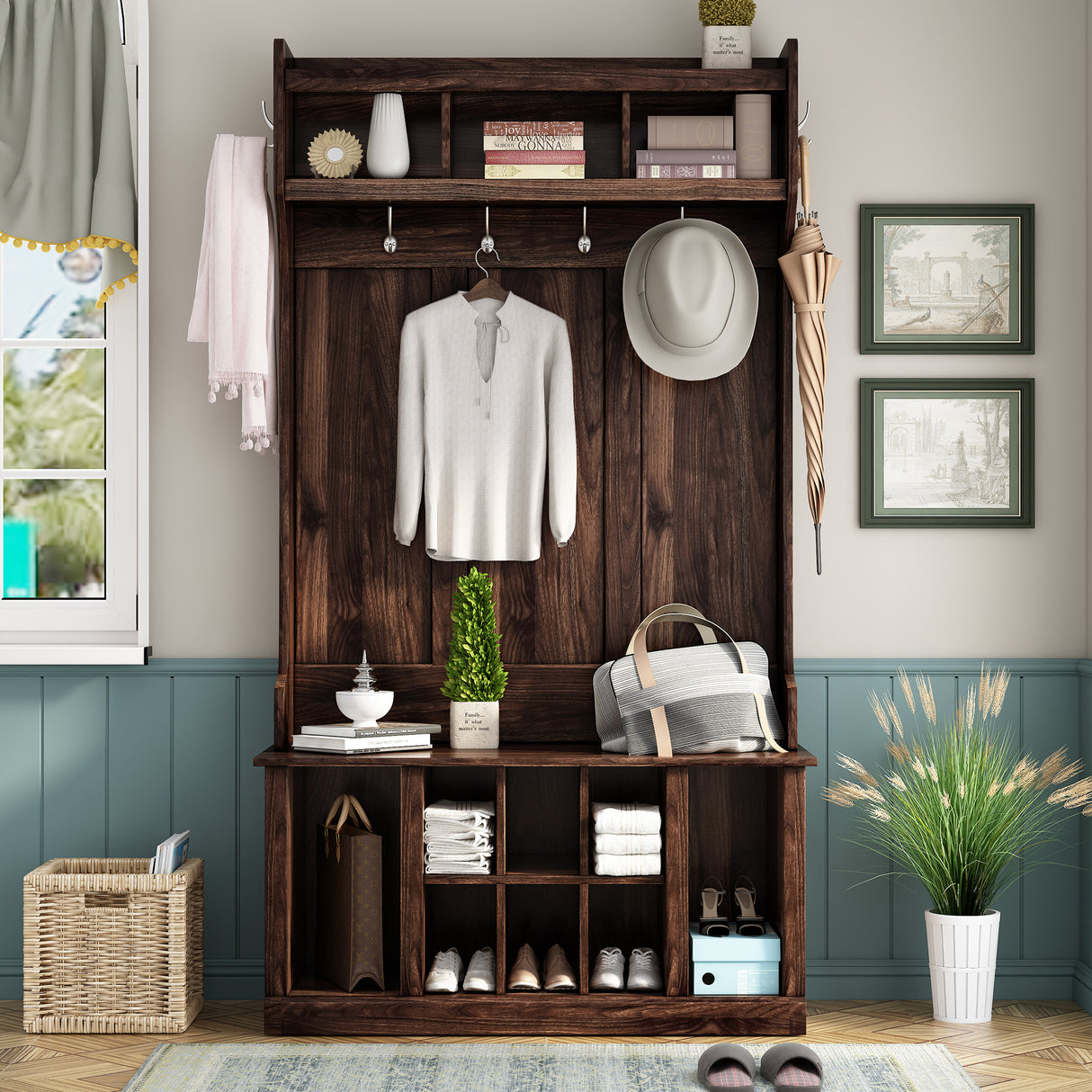 U-Can Hall Tree with 6 Hooks Coat Hanger Entryway Bench Storage Bench (Tiger)