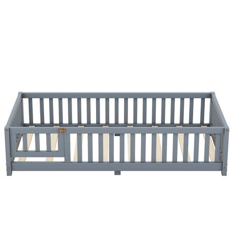 Twin Size Bed Floor Bed with Safety Guardrails and Door for Kids, Gray - V.I.P Digital Presence