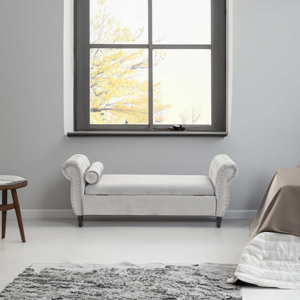 Velvet Multifunctional Storage Rectangular ottoman bench with 1 Pillow, grey - V.I.P Digital Presence