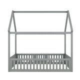 Full Size Wood House Bed with Fence and Door, Gray - V.I.P Digital Presence