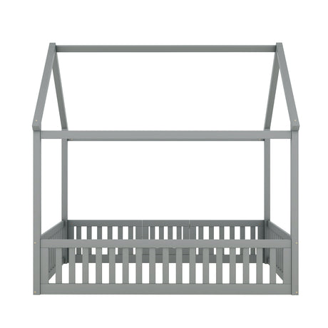 Full Size Wood House Bed with Fence and Door, Gray - V.I.P Digital Presence