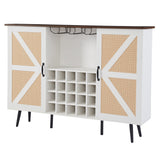 White Faux Rattan Barn Door Wine Cabinet with Wine Rack and Wine Glass Rack, Double Door Design with Removable Shelves - V.I.P Digital Presence