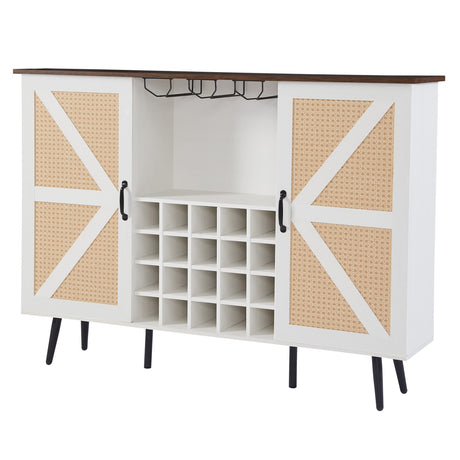 White Faux Rattan Barn Door Wine Cabinet with Wine Rack and Wine Glass Rack, Double Door Design with Removable Shelves - V.I.P Digital Presence