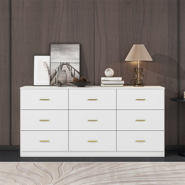 Modern White 9-Drawer Dresser for Bedroom - Ample Storage Wide Chest of Drawers, Sturdy & Safe - V.I.P Digital Presence