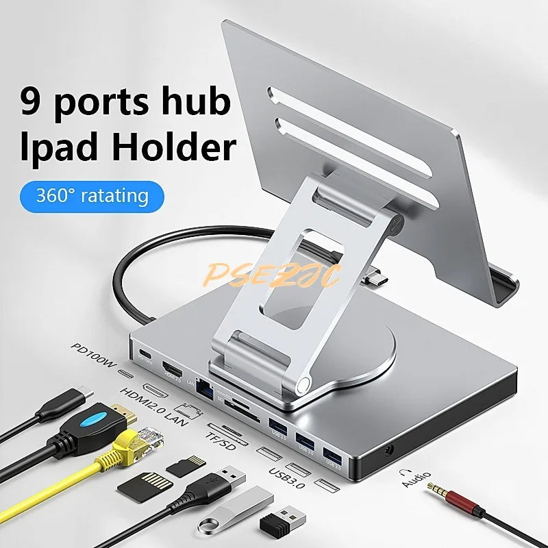 Concentrador/convertidor divisor USB 3.0 con puerto Gigabit Ethernet 4K/60 Hz, soporte giratorio de panel plano, estación de acoplamiento tipo C