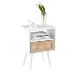 15.75" Rattan End table with drawer and solid wood legs Modern nightstand side table for living room  white - V.I.P Digital Presence