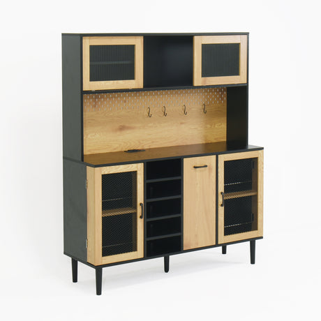 59 "H buffet side cabinet with storage door and power outlet, coffee bar cabinet with wine rack, black and natural colors - V.I.P Digital Presence