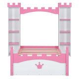Castle-Shaped Wooden Bed with Storage Shelf, Dreamy Twin Size Platform Bed for Kids Bedroom, White + Pink - V.I.P Digital Presence