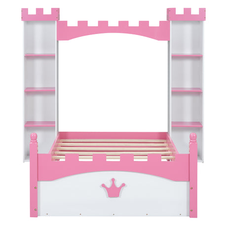 Castle-Shaped Wooden Bed with Storage Shelf, Dreamy Twin Size Platform Bed for Kids Bedroom, White + Pink - V.I.P Digital Presence