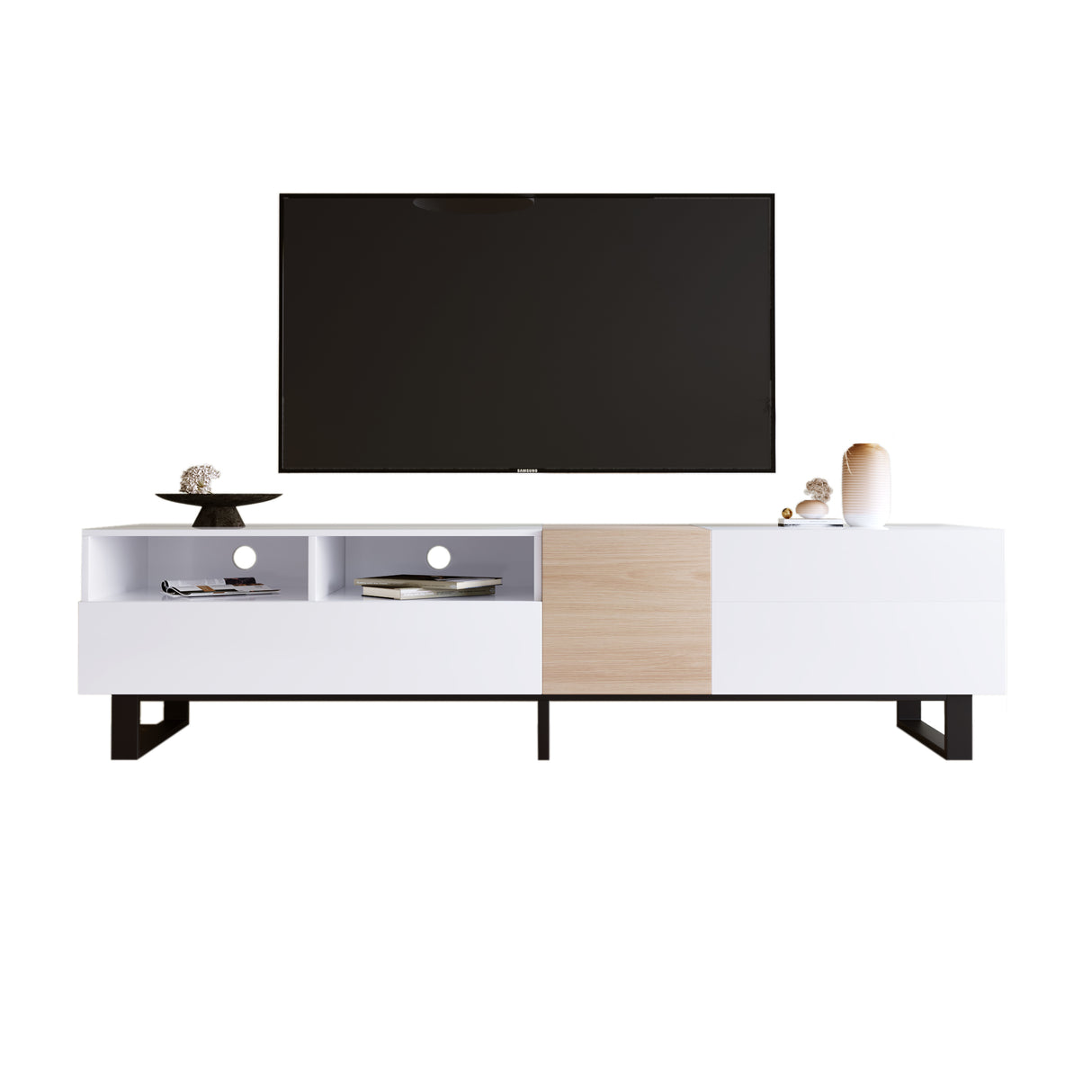 Modern TV Stand for 80'' TV with Double Storage Space Media Console Table Entertainment Center with Drop Down Door