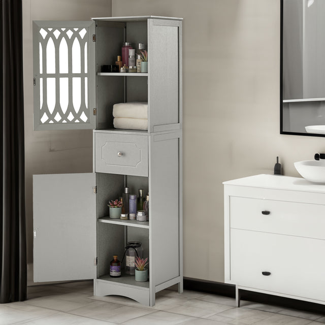 Tall Bathroom Cabinet, Freestanding Storage Cabinet with Drawer and Doors, MDF Board, Acrylic Door, Adjustable Shelf, Grey - V.I.P Digital Presence
