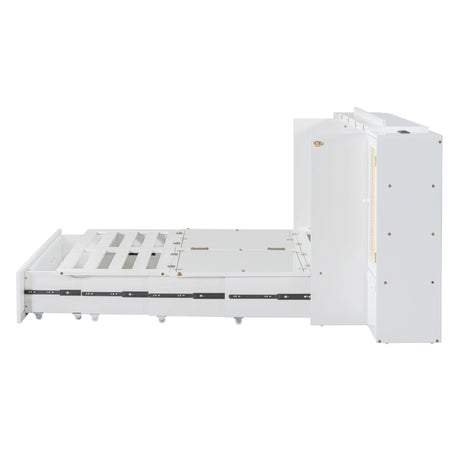 Large Murphy bed wall mounted bed with drawers, 2 storage cabinets, 1 set of sockets and USB ports, white - V.I.P Digital Presence