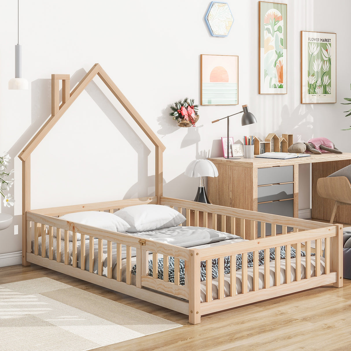 Full House-Shaped Headboard Floor Bed with Fence Natural - V.I.P Digital Presence