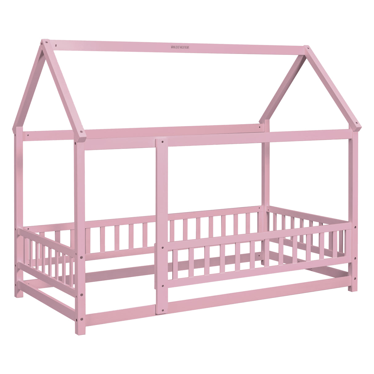 Twin Size Floor Wooden Bed with House Roof Frame, Fence Guardrails,Pink - V.I.P Digital Presence