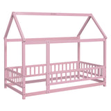 Twin Size Floor Wooden Bed with House Roof Frame, Fence Guardrails,Pink - V.I.P Digital Presence