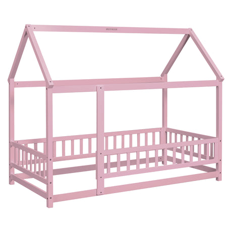 Twin Size Floor Wooden Bed with House Roof Frame, Fence Guardrails,Pink - V.I.P Digital Presence